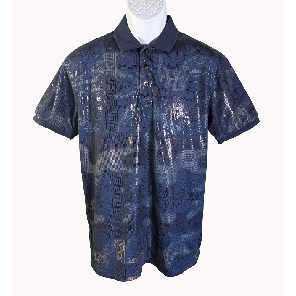 De-Niko Milano Polo Shirt Mens Large Blue Metallic Greek Key Short Sleeve Luxury
